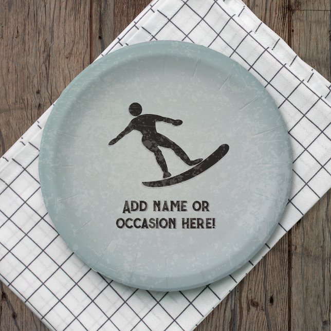 Surfing guy riding wave - your text on masculine  paper plate (Creator Uploaded)