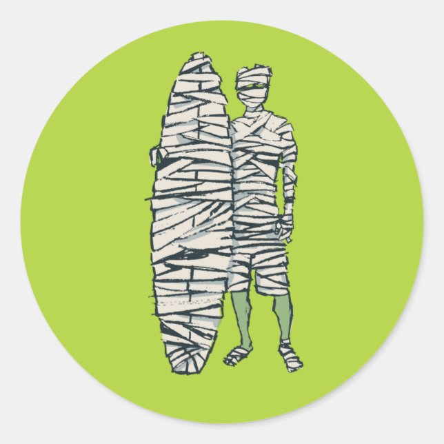 Surfing Halloween Mummy Classic Round Sticker (Front)