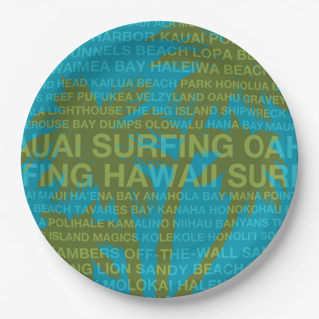 Surfing Hawaii Palm Trees Hawaiian Tropical Paper Plate (Front)