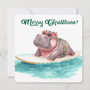 Surfing Hippo Bikini Christmas Holiday Card