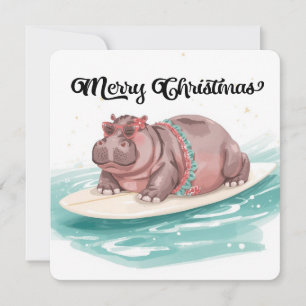 Surfing Hippo Bikini Christmas Holiday Card