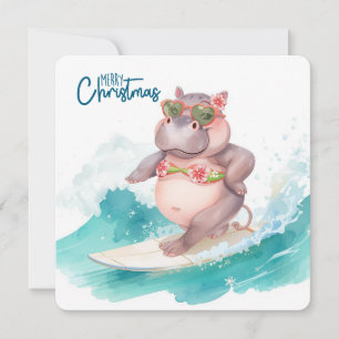 Surfing Hippo Bikini Christmas Holiday Card