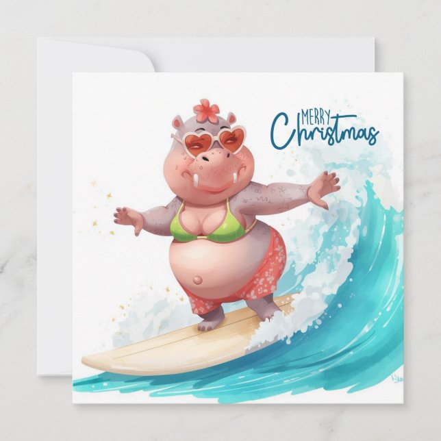 Surfing Hippo Bikini Christmas  Holiday Card (Front)