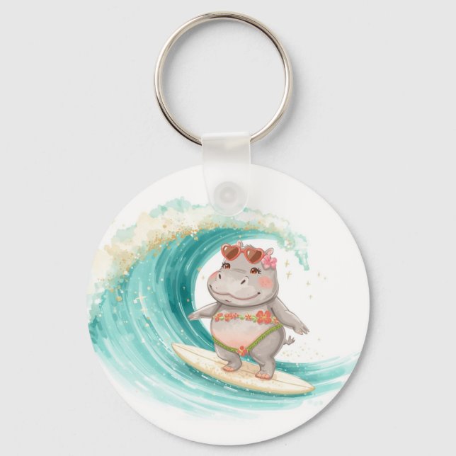 Surfing Hippo Christmas Bikini on big wave Key Ring (Front)
