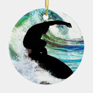 Surfing in Curling Wave Ceramic Tree Decoration