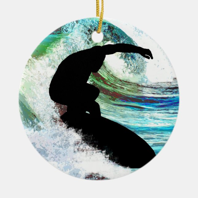 Surfing in Curling Wave Ceramic Tree Decoration (Front)