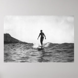 Surfing in Honolulu Hawaii Longboard Surfer Poster
