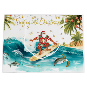 Surfing into Christmas with Santa Surfer  Large Gift Bag