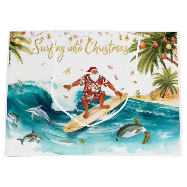 Surfing into Christmas with Santa Surfer  Large Gift Bag (Front)