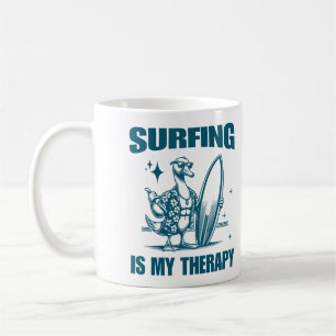 Surfing Is My Therapy Funny Goose Surfer Animal Coffee Mug