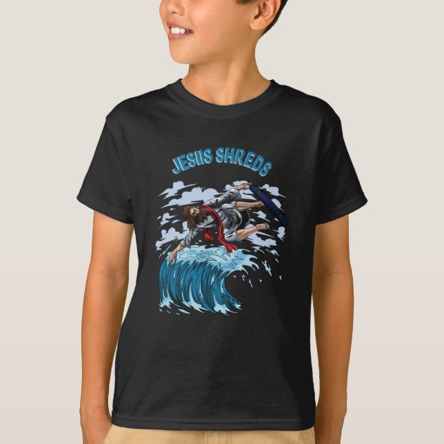 Surfing Jesus Shreds  for Surfers Skateboarder T-Shirt (Front)