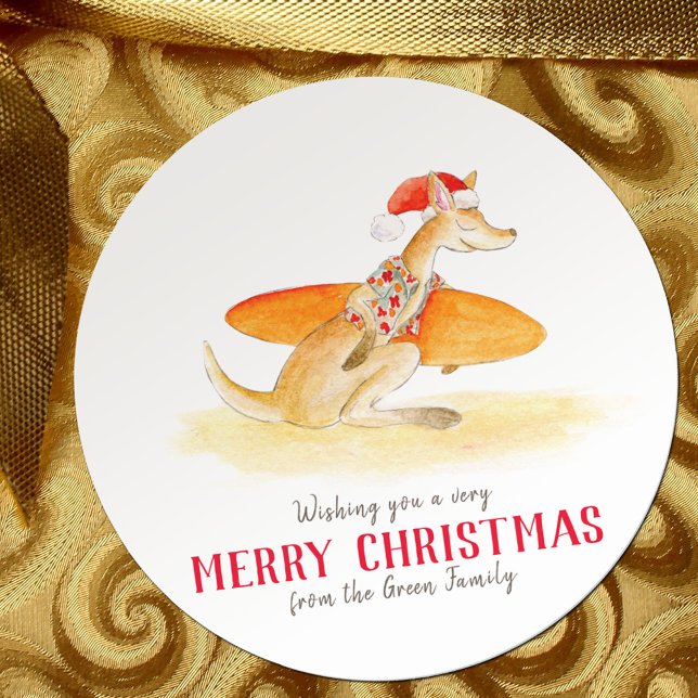 Surfing kangaroo cute watercolor Christmas Classic Round Sticker (Creator Uploaded)