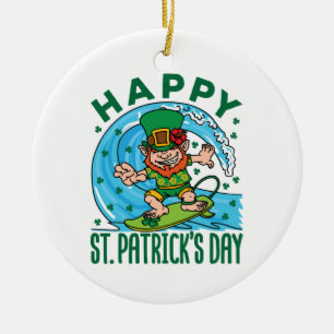 Surfing Leprechaun Hawaiian St Patricks Day Ceramic Tree Decoration