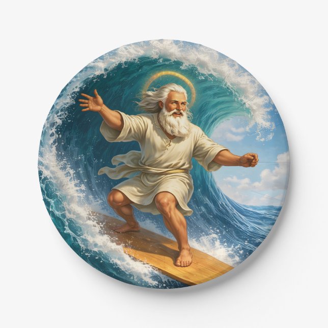 Surfing Moses funny biblical art party paper plate (Front)