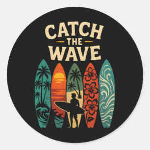 Surfing Ocean Summer Beach Waves Surfboard Classic Round Sticker