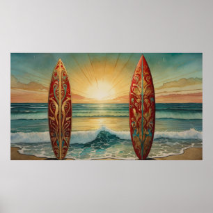 Surfing Ocean Waves Summer sunset dawn  Poster