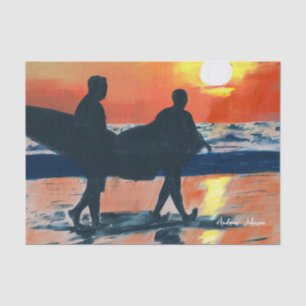 Surfing on the beach in the beautiful evening oil  tissue paper