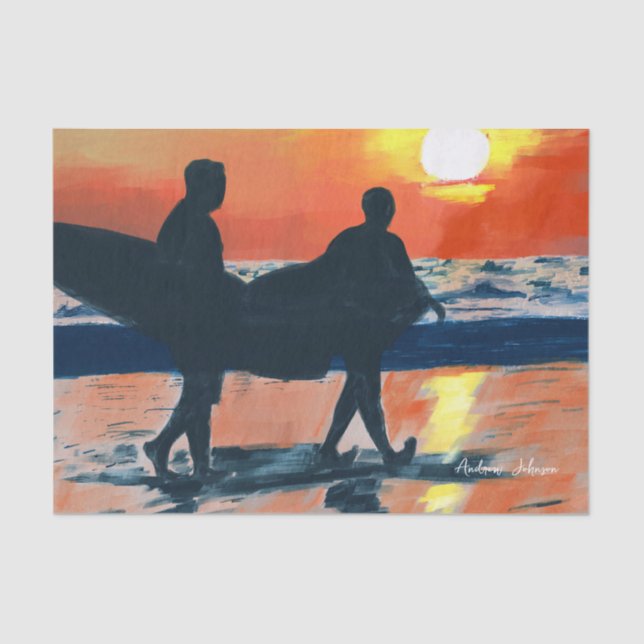 Surfing on the beach in the beautiful evening oil  tissue paper (Front)