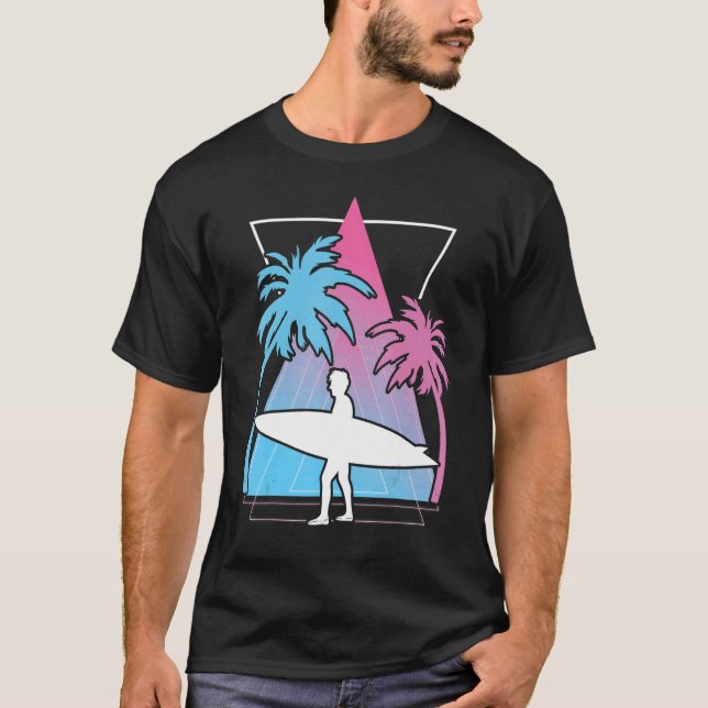 Surfing Palm Trees Surfboard Synthwave Watersport  T-Shirt (Front)