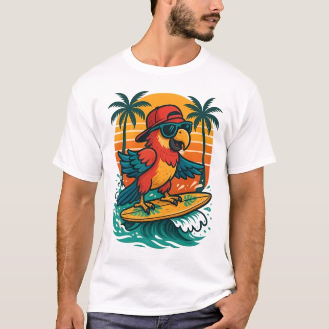 Surfing Parrot Tropical Vibes T-Shirt (Front)