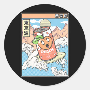 Surfing Peach Soda Japanese Waves Anime Kawaii Vap Classic Round Sticker