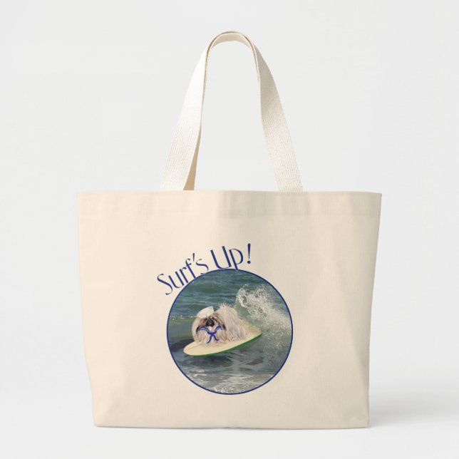 Surfing Pekingese Dog Large Tote Bag (Front)
