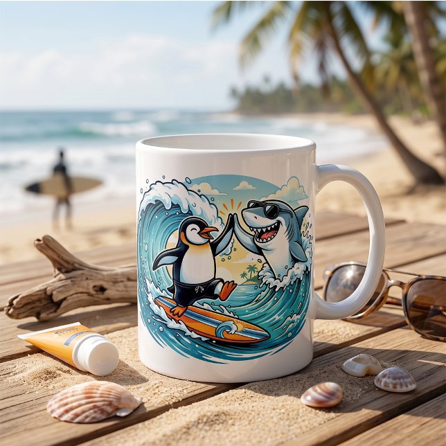 Surfing Penguin and Shark High Five Coffee Mug (Creator Uploaded)