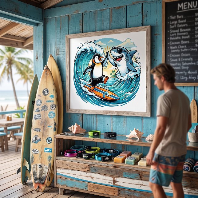 Surfing Penguin and Shark High Five Poster (Creator Uploaded)