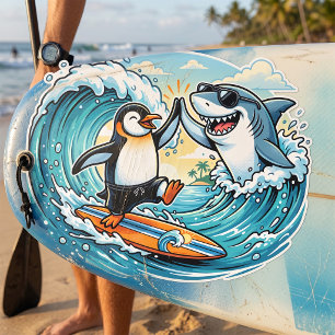 Surfing Penguin and Shark High Five Square Sticker