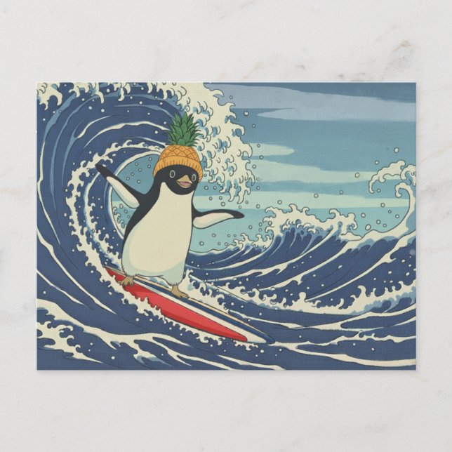 Surfing penguin, Ukiyo-e-style  Holiday Postcard (Front)