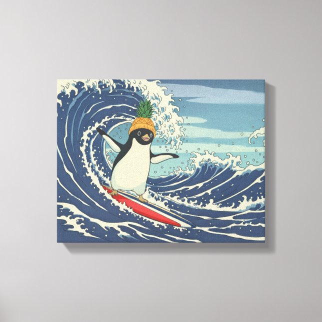 Surfing penguin Ukiyo-e style "Ride the Wave" Canvas Print (Front)