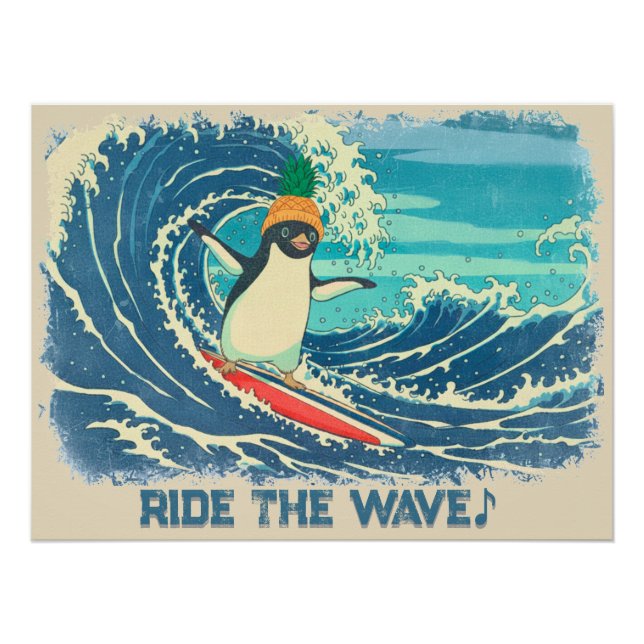 Surfing penguin Ukiyo-e style "Ride the Wave" Poster (Front)