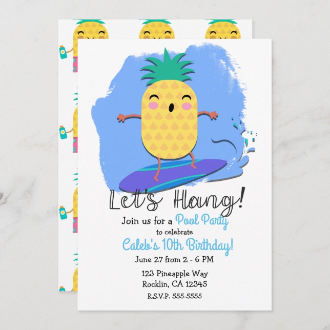 Surfing Pineapple Summer Birthday Pool Swim Party Invitation (Front/Back)