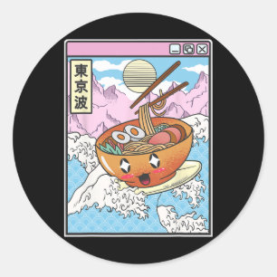 Surfing Ramen Bowl In Japanese Wave Anime Kawaii V Classic Round Sticker