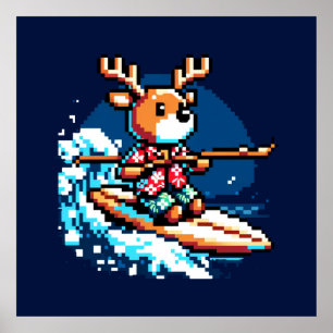 Surfing Reindeer: 8-Bit Holiday Wave Poster