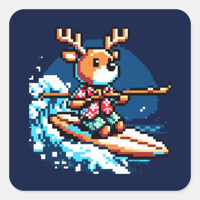 Surfing Reindeer: 8-Bit Holiday Wave Square Sticker (Front)