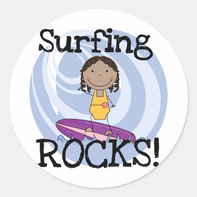 Surfing Rocks African American Girl Tshirts Classic Round Sticker (Front)