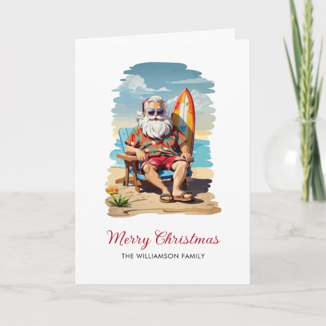 Surfing Santa Beach Christmas Holiday Card (Front)