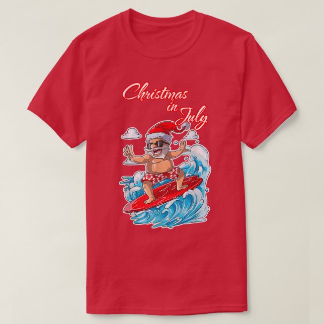Surfing Santa Beach Holiday Plams Christmas in Jul T-Shirt (Design Front)