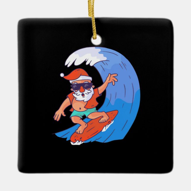Surfing Santa Ceramic Ornament (Front)