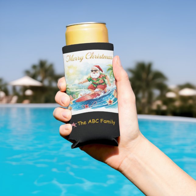 Surfing Santa Christmas in July Coastal  Seltzer Can Cooler (In Situ Pool)