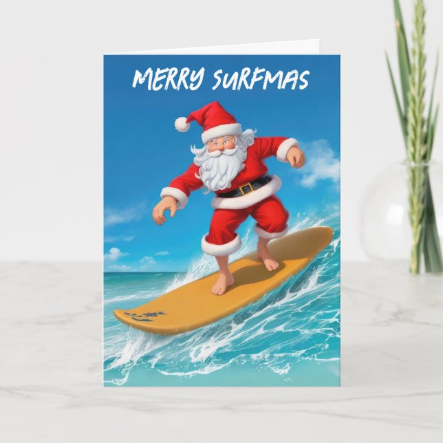 Surfing Santa Claus Christmas Holiday Card (Front)