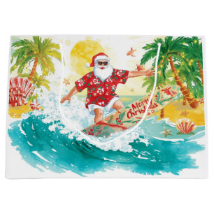 Surfing Santa Claus Christmas Holiday Large Gift Bag