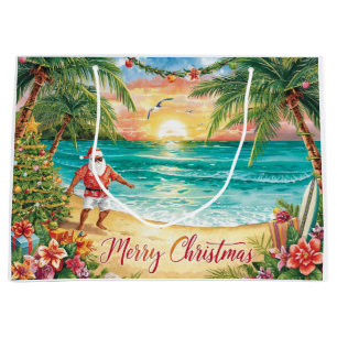 Surfing Santa Claus Christmas Holiday Large Gift Bag