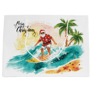 Surfing Santa Claus Christmas Holiday Large Gift Bag