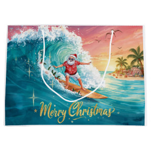 Surfing Santa Claus Christmas Holiday Large Gift Bag