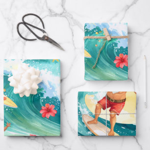 Surfing Santa Claus Christmas in Hawaii Wrapping Paper Sheet