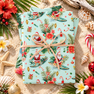 Surfing Santa Claus Christmas in Hawaii Wrapping Paper Sheet