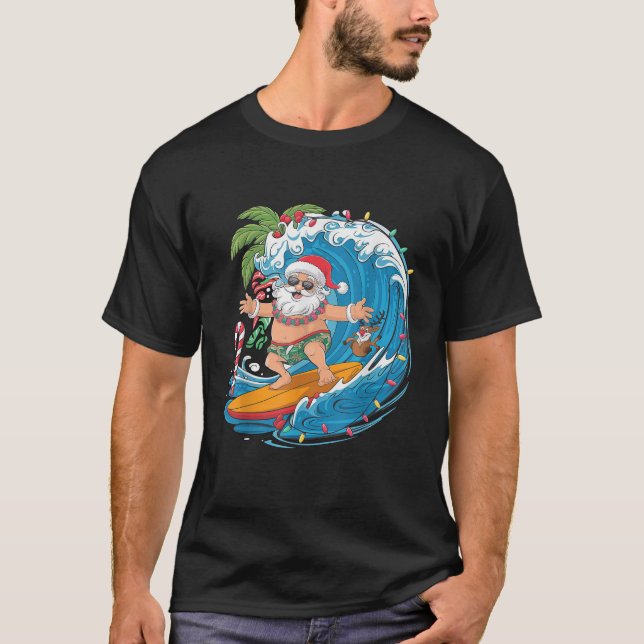 Surfing Santa Claus Tropical Christmas Holiday Bea T-Shirt (Front)