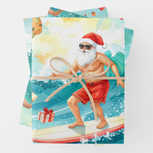 Surfing Santa Claus Wrapping Paper Sheet
